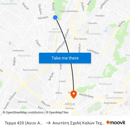 Τερμα 420 (Αγιοι Αναργυροι) to Ανωτάτη Σχολή Καλών Τεχνών Αθήνας map