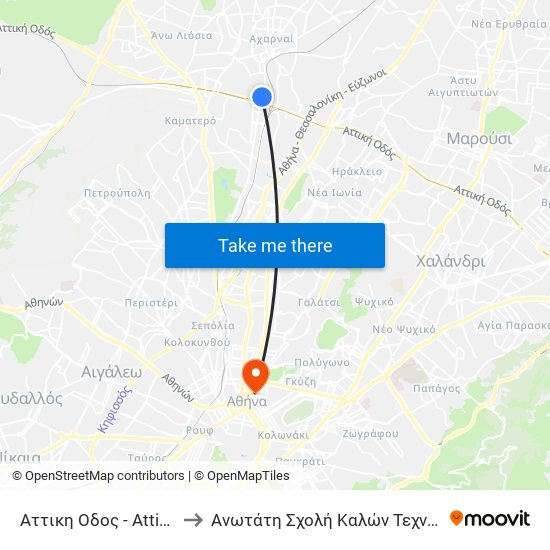 Αττικη Οδος - Attikh Odos to Ανωτάτη Σχολή Καλών Τεχνών Αθήνας map