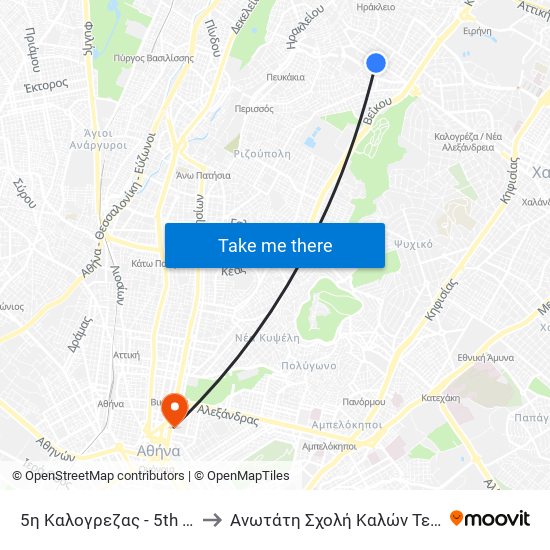 5η Καλογρεζας - 5th Kalogrezas to Ανωτάτη Σχολή Καλών Τεχνών Αθήνας map