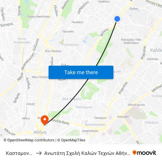 Κασταμονης to Ανωτάτη Σχολή Καλών Τεχνών Αθήνας map
