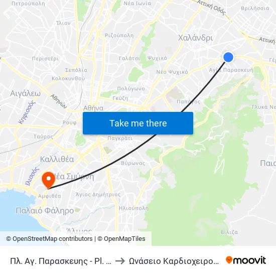 Πλ. Αγ. Παρασκευης - Pl. Ag. Paraskeyhs to Onassis Cardiac Surgery Center map