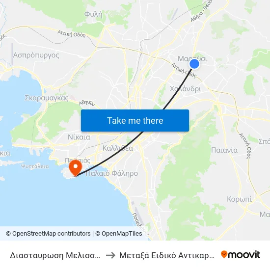 Διασταυρωση Μελισσιων - Diastayrosi Melission to Metaxa Special Cancer Hospital of Piraeus map