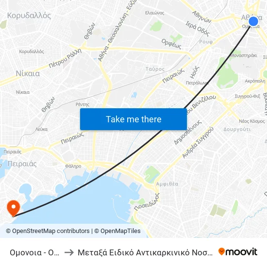 Ομονοια - Omonoia to Metaxa Special Cancer Hospital of Piraeus map