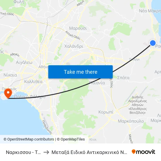 Narcissus - Terminal 314 to Metaxa Special Cancer Hospital of Piraeus map