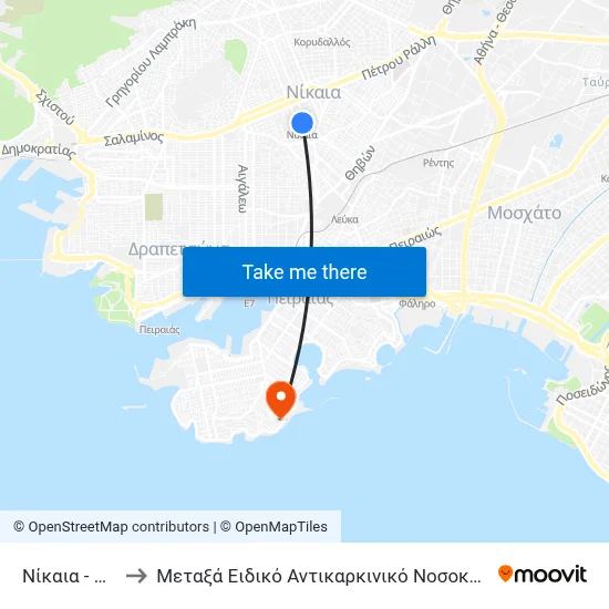 Nikaia to Metaxa Special Cancer Hospital of Piraeus map