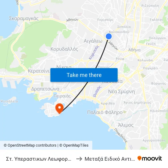 Στ. Υπεραστικων Λεωφορειων Κηφισου - Kifisos Intercity Bus Station to Metaxa Special Cancer Hospital of Piraeus map