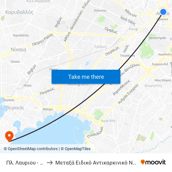 Πλ. Λαυριου - Pl. Layrioy to Metaxa Special Cancer Hospital of Piraeus map