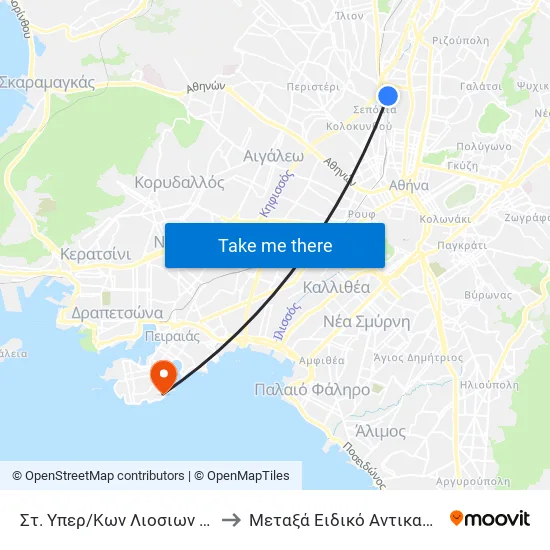 Στ. Υπερ/Κων Λιοσιων - Liosion Intercity Bus Station to Metaxa Special Cancer Hospital of Piraeus map