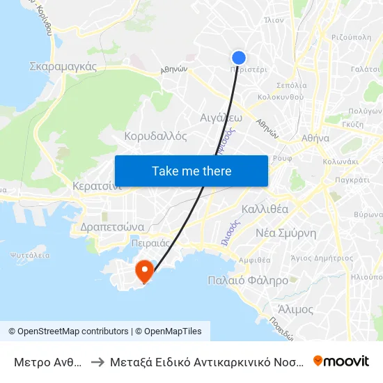 Metro Anthoupoli to Metaxa Special Cancer Hospital of Piraeus map