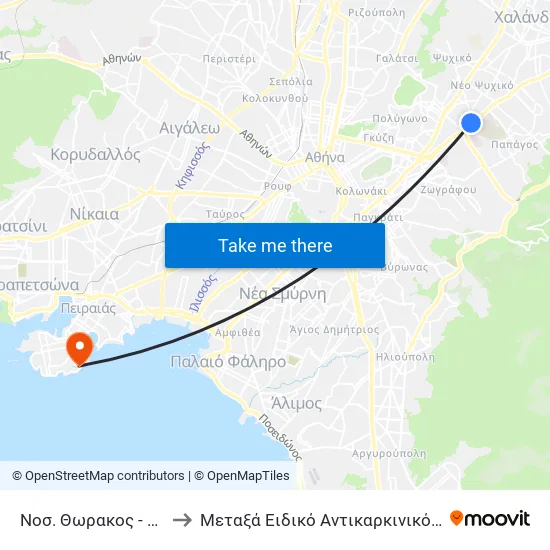Νοσ. Θωρακος - Nos. Thorakos to Metaxa Special Cancer Hospital of Piraeus map