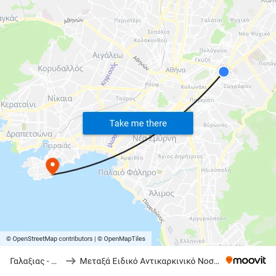 Γαλαξιας - Galaxias to Metaxa Special Cancer Hospital of Piraeus map