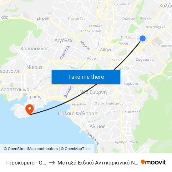 Γηροκομειο - Ghrokomeio to Metaxa Special Cancer Hospital of Piraeus map
