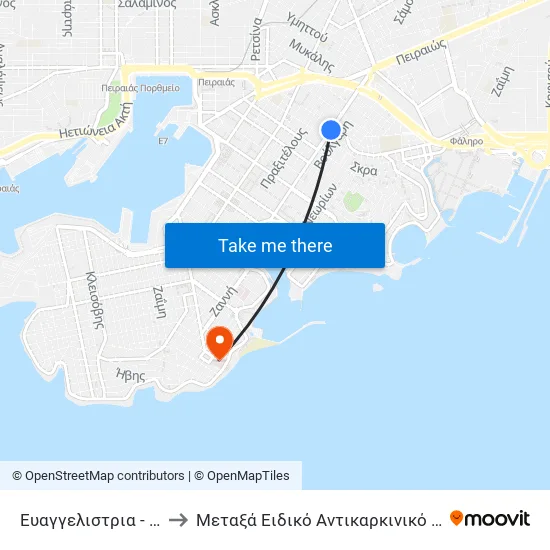 Ευαγγελιστρια - Eyaggelistria to Metaxa Special Cancer Hospital of Piraeus map