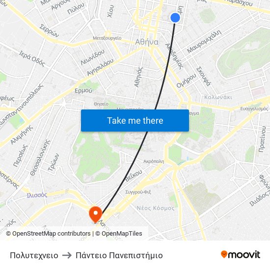 Πολυτεχνειο to Πάντειο Πανεπιστήμιο map