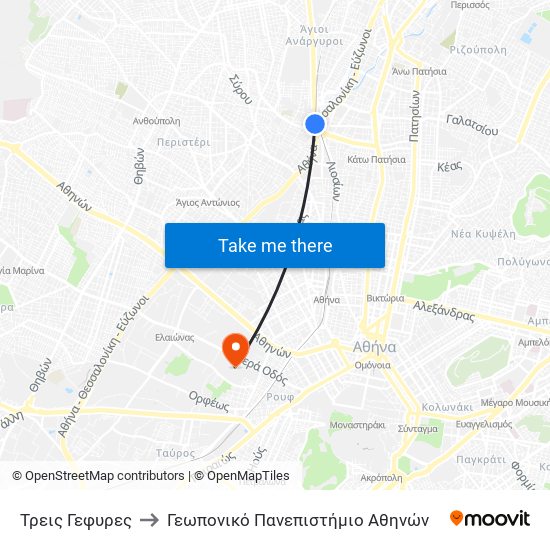 Τρεις Γεφυρες to Γεωπονικό Πανεπιστήμιο Αθηνών map