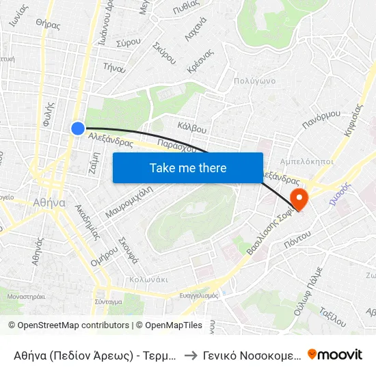 Athens (Pedion Areos) - Terminal to General Hospital of Athens "Hippocratic" map