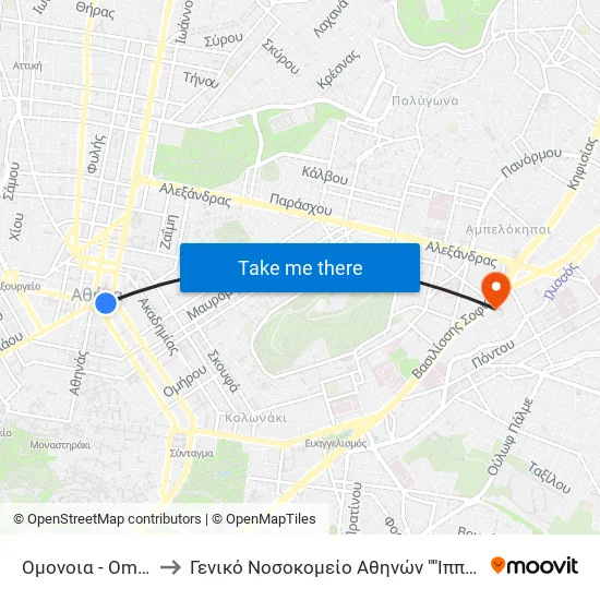 Ομονοια - Omonoia to General Hospital of Athens "Hippocrates" map