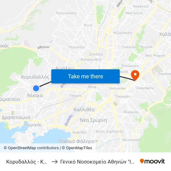 Korydallos to General Hospital of Athens "Hippocratic" map