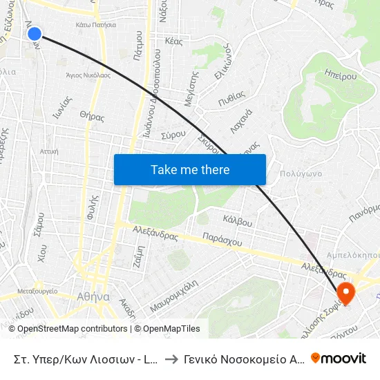 Στ. Υπερ/Κων Λιοσιων - Liosion Intercity Bus Station to General Hospital of Athens "Hippocrates" map