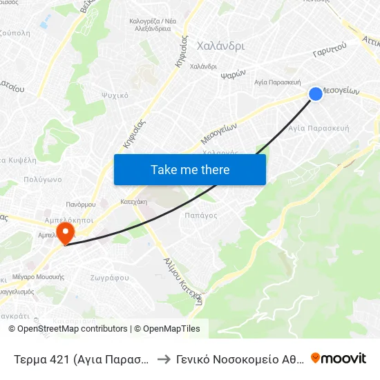 Τερμα 421 (Αγια Παρασκευη) - Agia Paraskeyh to General Hospital of Athens "Hippocrates" map