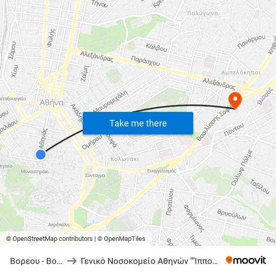 Βορεου - Boreoy to General Hospital of Athens "Hippocrates" map