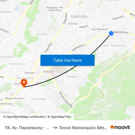 Πλ. Αγ. Παρασκευης - Pl. Ag. Paraskeyhs to General Hospital of Athens "Hippocrates" map