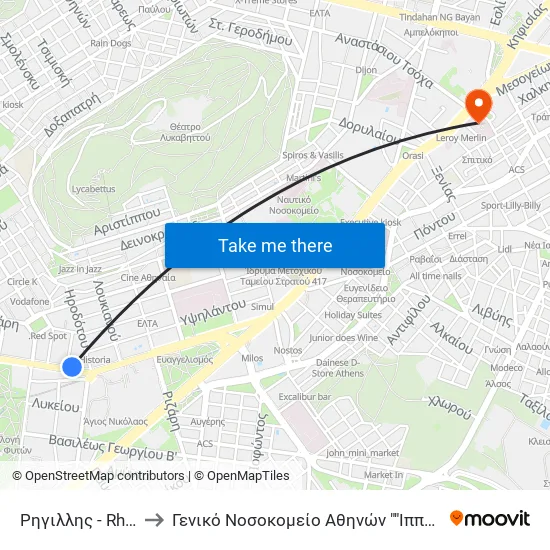 Ρηγιλλης - Rhgillhs to General Hospital of Athens "Hippocrates" map