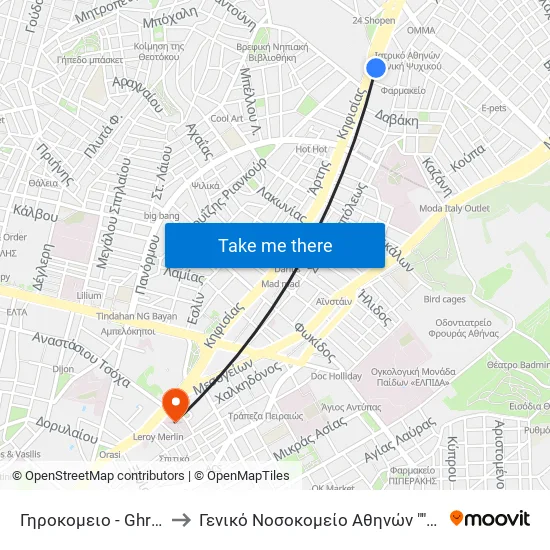 Γηροκομειο - Ghrokomeio to General Hospital of Athens "Hippocrates" map