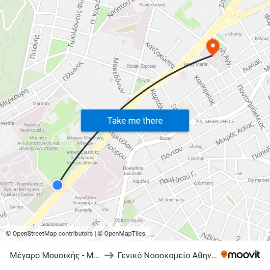 Concert Hall - Megaro Moussikis to General Hospital of Athens "Hippocratic" map
