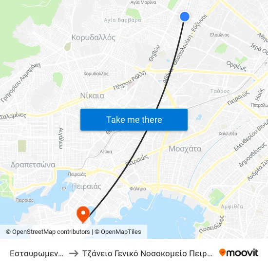 Estavromenos to Tzaneio General Hospital of Piraeus map