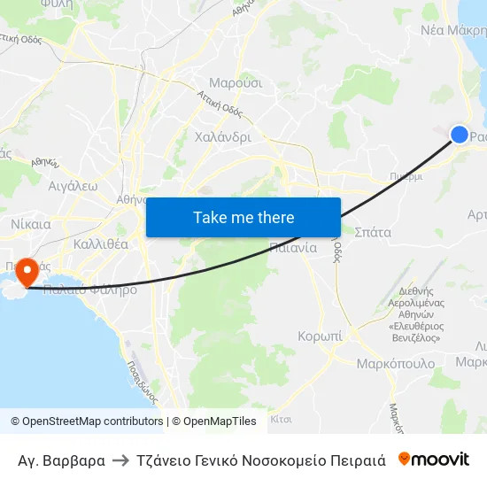 Ag. Varvara to Tzaneio General Hospital of Piraeus map