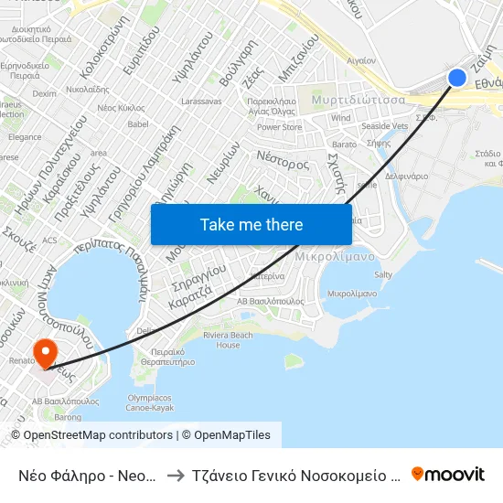 Neo Faliro to Tzaneio General Hospital of Piraeus map