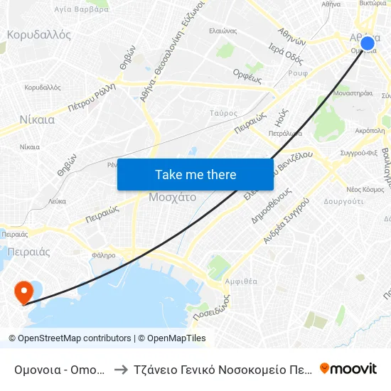 Ομονοια - Omonoia to Tzaneio General Hospital of Piraeus map