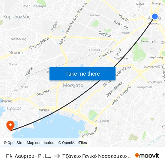 Πλ. Λαυριου - Pl. Layrioy to Tzaneio General Hospital of Piraeus map