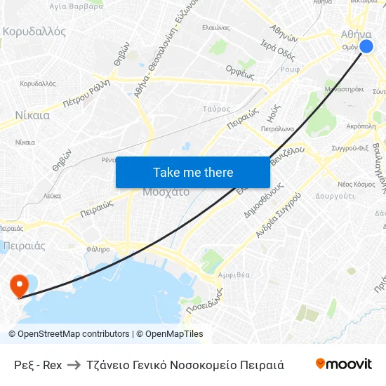 Ρεξ - Rex to Tzaneio General Hospital of Piraeus map