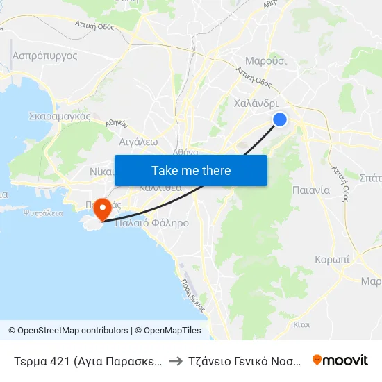 Τερμα 421 (Αγια Παρασκευη) - Agia Paraskeyh to Tzaneio General Hospital of Piraeus map