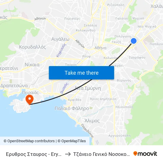 Ερυθρος Σταυρος - Erythros Stayros to Tzaneio General Hospital of Piraeus map