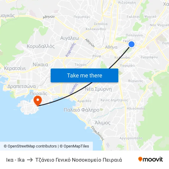 IKA to Tzaneio General Hospital of Piraeus map