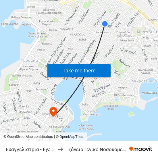 Ευαγγελιστρια - Eyaggelistria to Tzaneio General Hospital of Piraeus map