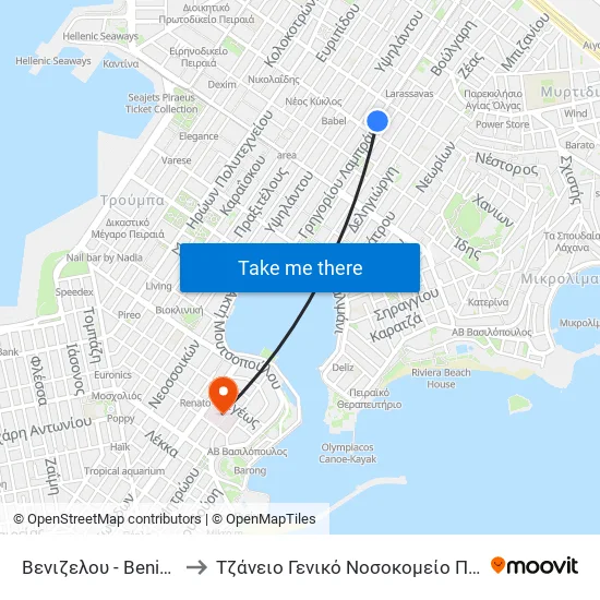 Βενιζελου - Βenizeloy to Tzaneio General Hospital of Piraeus map