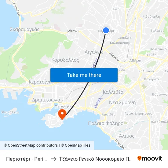 Peristeri to Tzaneio General Hospital of Piraeus map