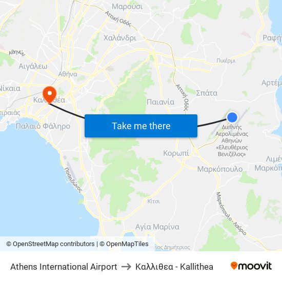 Athens International Airport to Καλλιθεα - Kallithea map