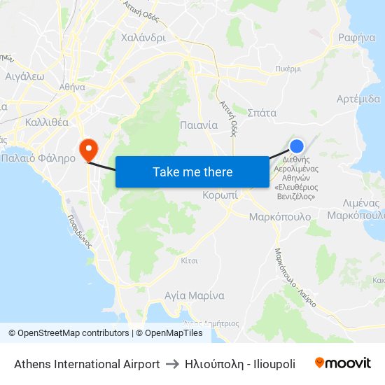 Athens International Airport to Ηλιούπολη - Ilioupoli map