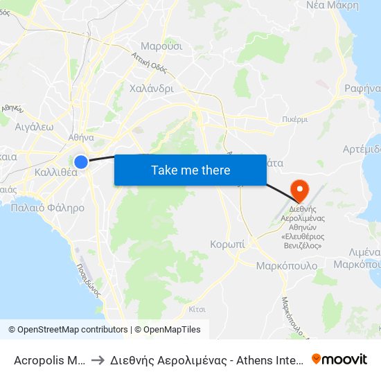Acropolis Museum to Διεθνής Αερολιμένας - Athens International Airport map