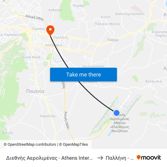 Αεροδρόμιο - Athens International Airport to Παλλήνη - Pallini map