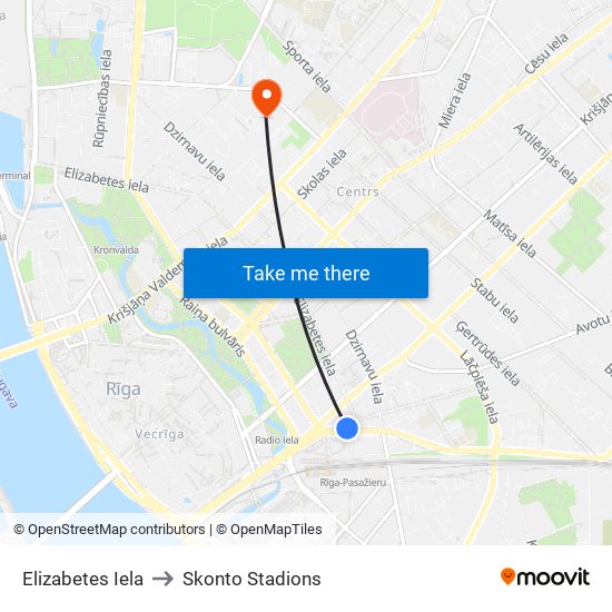 Elizabetes Iela to Skonto Stadions map