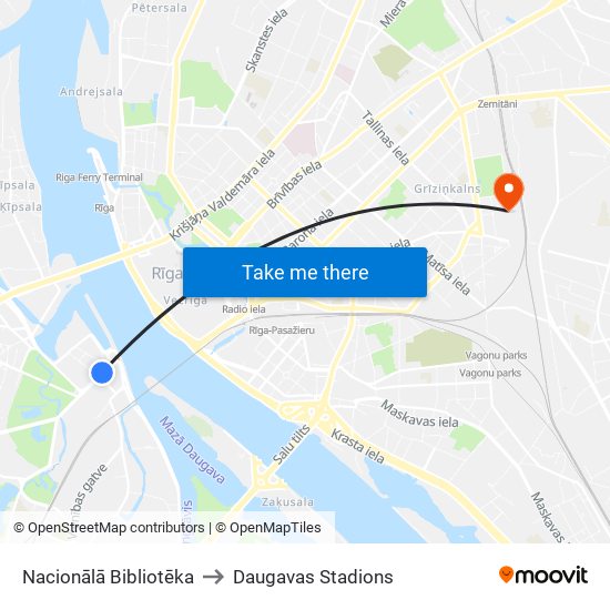 Nacionālā Bibliotēka to Daugavas Stadions map