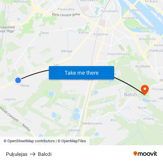 Puķulejas to Baloži map