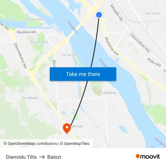 Dienvidu Tilts to Balozi map