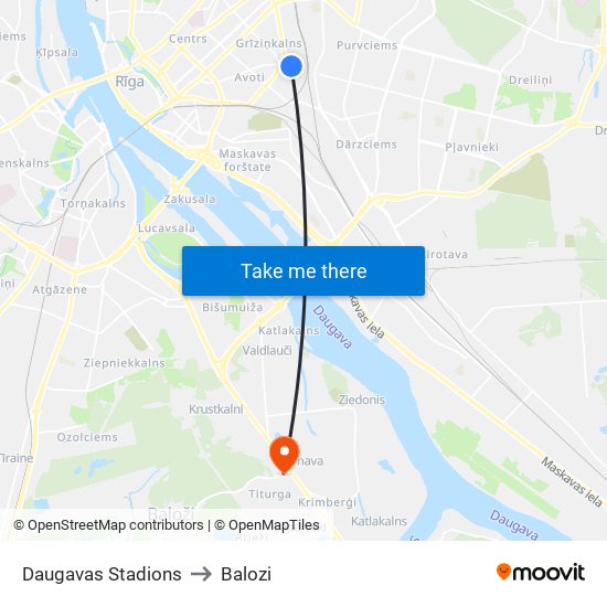 Daugavas Stadions to Balozi map